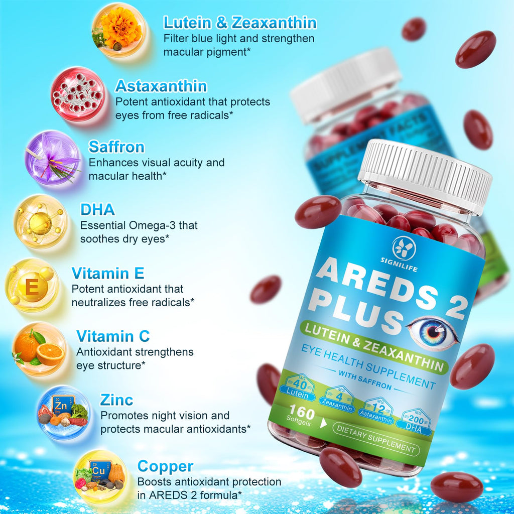 SIGNILIFE AREDS 2 Plus Eye Vitamins-40mg Lutein and 4mg Zeaxanthin with Astaxanthin 12mg,Vitamins C, E, Saffron & DHA - Eyebright,Blue Light Protection,Eye Health Support-160 Softgels