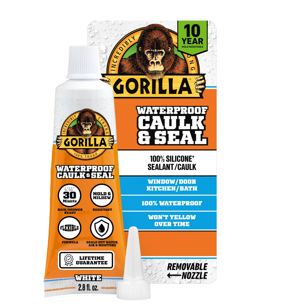 Gorilla 100% Silicone Caulk, Waterproof Sealant, 2.8oz Squeeze Tube, White