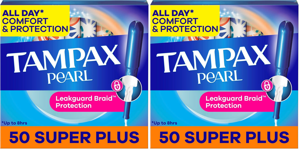 Tampax Pearl Tampons Super Plus Absorbency, with Leakguard Braid, Unscented, 50 Count (Pack of 2)