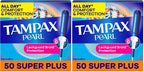 Tampax Pearl Tampons Super Plus Absorbency, with Leakguard Braid, Unscented, 50 Count (Pack of 2)