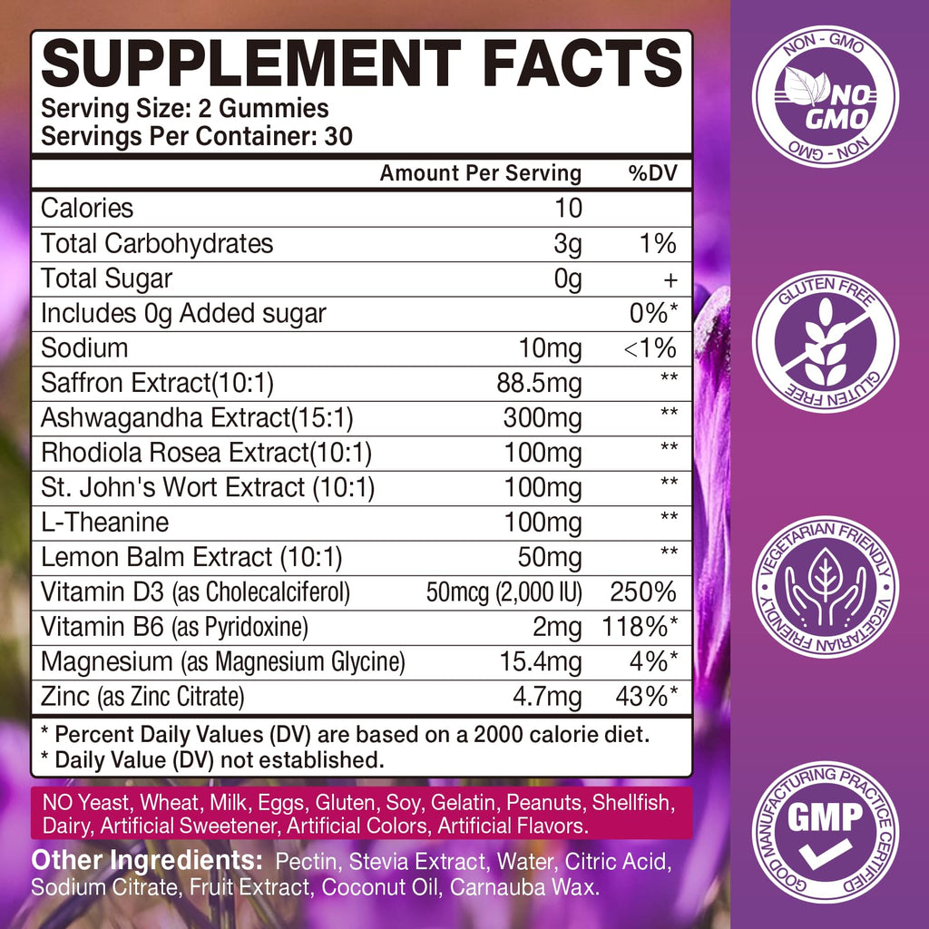 2 Pack Saffron Supplements Gummies for Kids & Adult, 88.5mg Saffron Extract with Vitamin D3, B6, Magnesium, Ashwagandha, L-Theanine for Clam, Energy, Focus, Sugar-Free, Strawberry Flavor, 120 Count