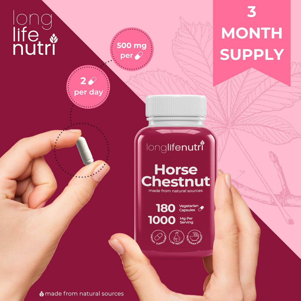 LongLifeNutri Horse Chestnut Extract 500mg - 180 Vegetarian Capsules, Organic Supplement for Daily Wellness & Circulation, 3-Month Supply, GMP Certified, Made in USA