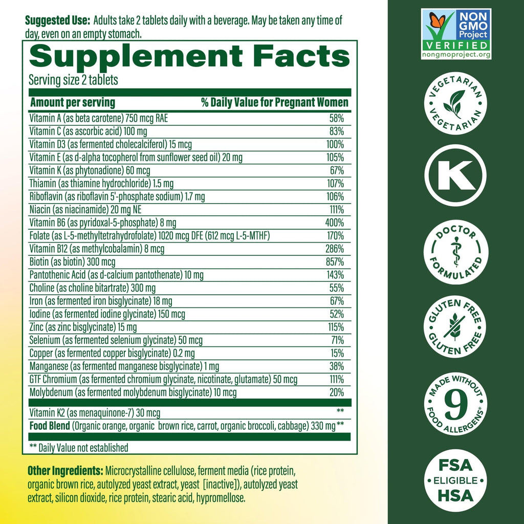 MegaFood Baby & Me 2 Prenatal Vitamin and Minerals - Vitamins for Women - with Folate (Folic Acid Natural Form), Choline, Iron, Iodine, and Vitamin C, Vitamin D and more - 60 Tabs (30 Servings)