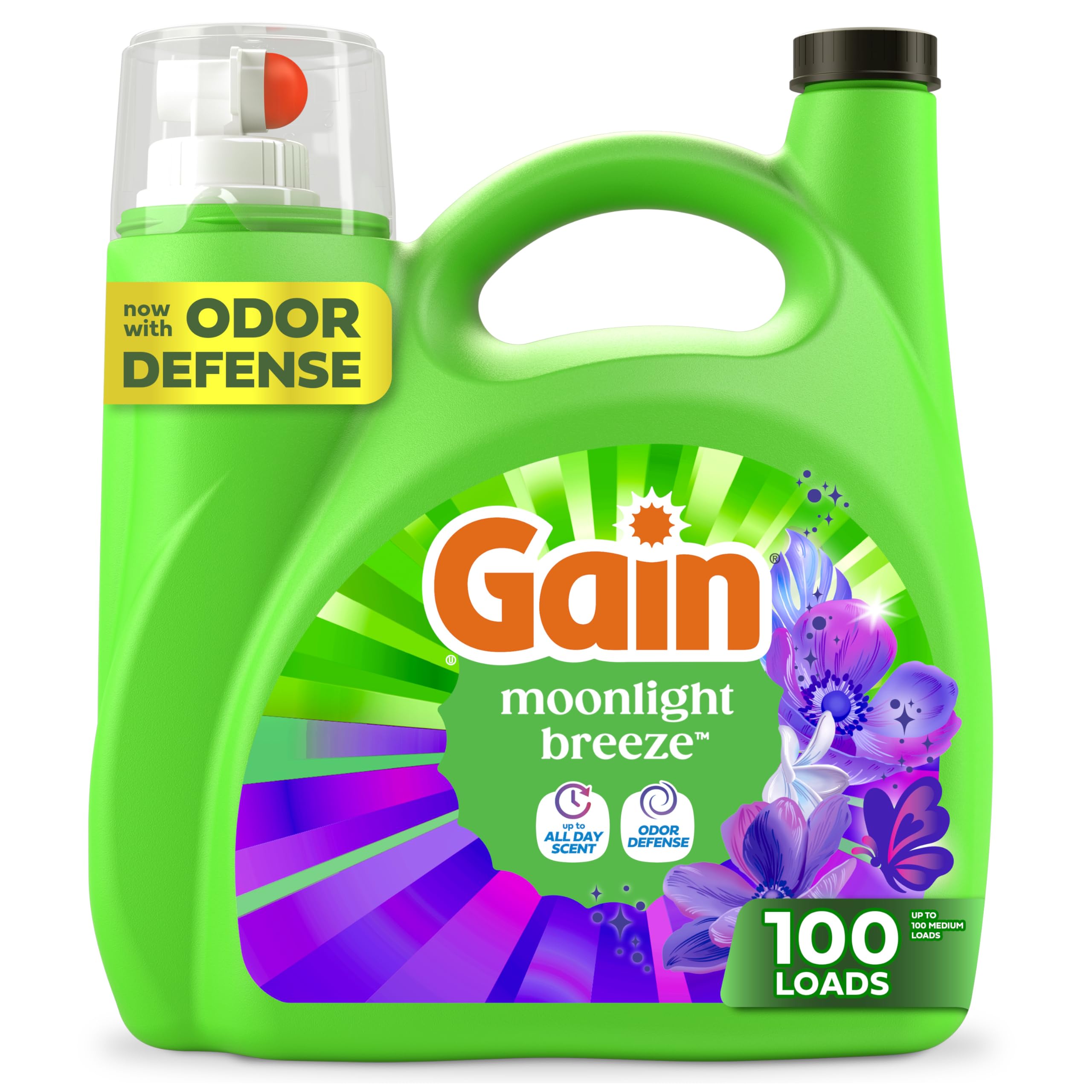 Gain Liquid Laundry Detergent, Now with Odor Defense, Moonlight Breeze Scent, 132 fl oz, 100 Loads (Packaging May Vary)
