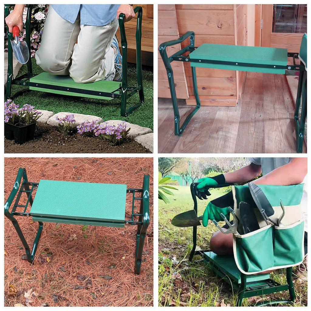 Heavy Duty Foldable Garden Kneeler and Seat with Tool Pouch, Green