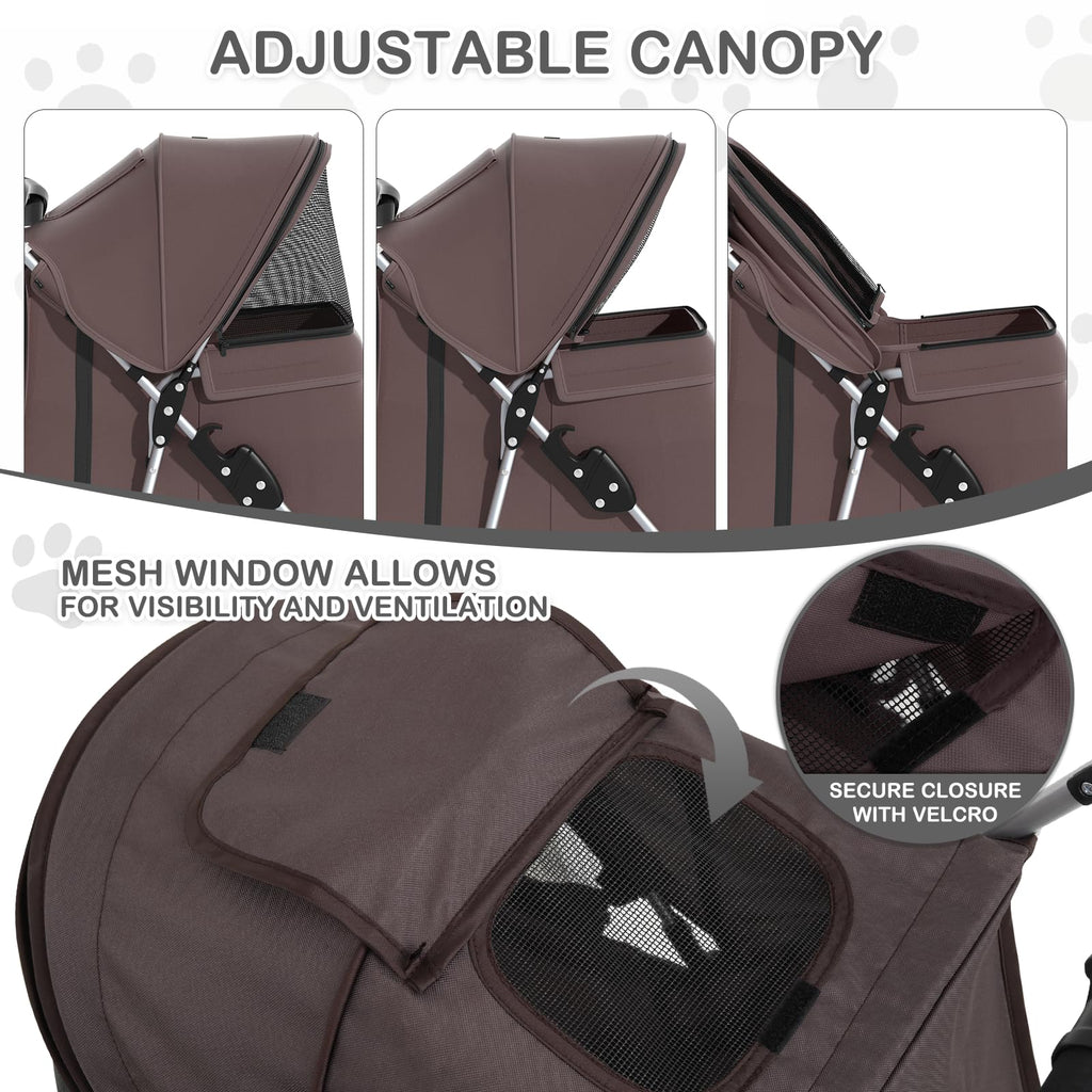 MoNiBloom Foldable Dog Strollers for Small Dogs with Weather Cover, 3 Wheels Pet Strolling Cart for Dogs and Cats with Storage Basket and Cup Holder, Breathable and Visible Mesh for All-Season, Coffee
