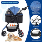 Pet Stroller,Dog Stroller for Small Medium Dogs Cats,3 Wheels,Foldable,with Breathable Mesh Canopy,Cup Holders,Easy Assembly,Blue+Black
