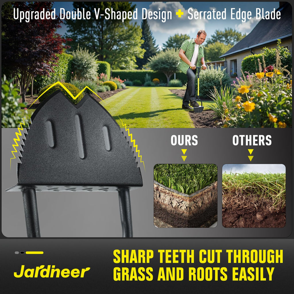 Jardineer Edger Lawn Tool Manual, Manual Half Moon Edger with Double V-Shaped Serrated Edge Blade and Wider Handle, Edging Tool for Landscaping, Sidewalks, Lawn Border, Flower Bed and Yard