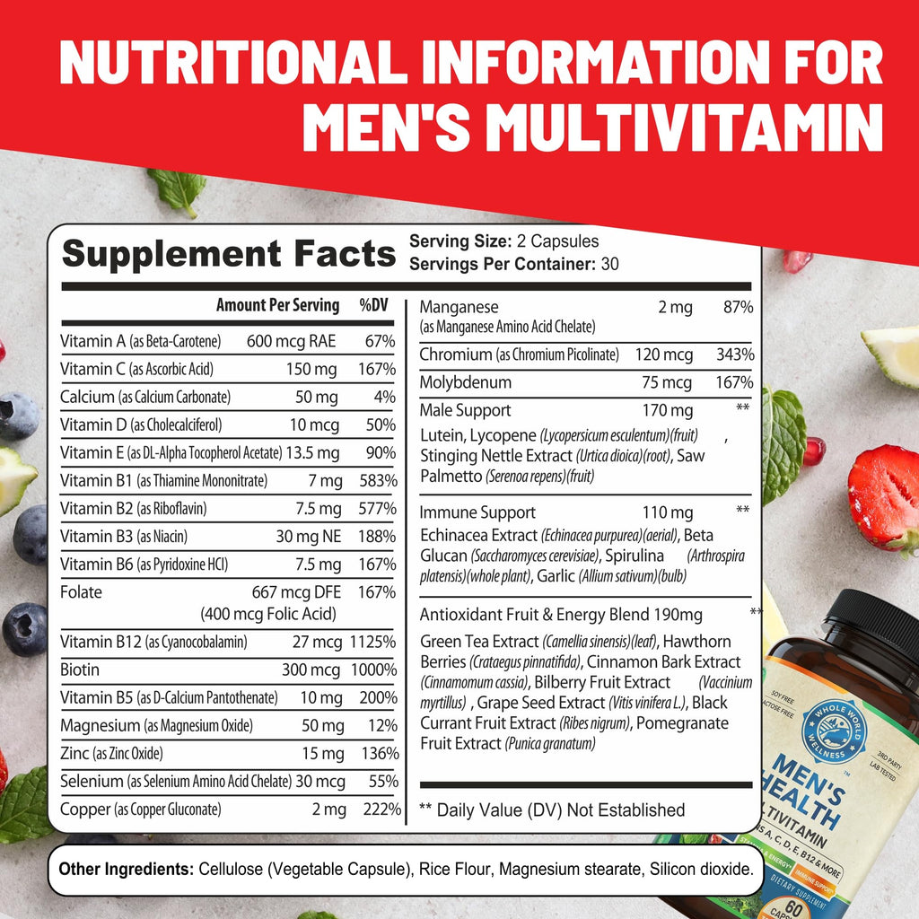 Whole World Wellness Mens Daily Multivitamin Multimineral Supplement for Energy, Focus, Stamina & Performance. Made for Men with 30+ Nutrients, Fruit & Energy Blend. Mens Vitamins, Made in The USA.