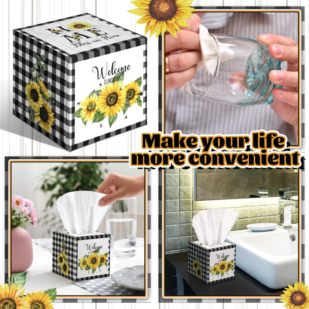 Fourluoo 12 Pack Summer Sunflower Facial Tissues Cube Boxes 600 Sheets 3 Ply Small Black and White Plaid Sunflower Face Tissues Bulk for Summer Car Bedroom Supplies