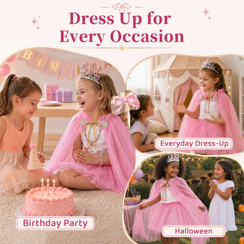 Meland Princess Dress Up for Girls 3-8, Princess Cape with Crown & Tutu Skirt, Birthday Gift for Girls 3 4 5 6 7 8 Years Old, Toys for Toddler Kids Pretend Play, Halloween Costume, Christmas, Party