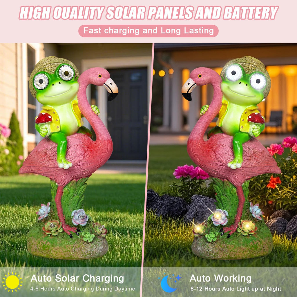 ZFNN Solar Garden Statue Outdoor, Frog Riding Flamingo Decor with LED Eyes