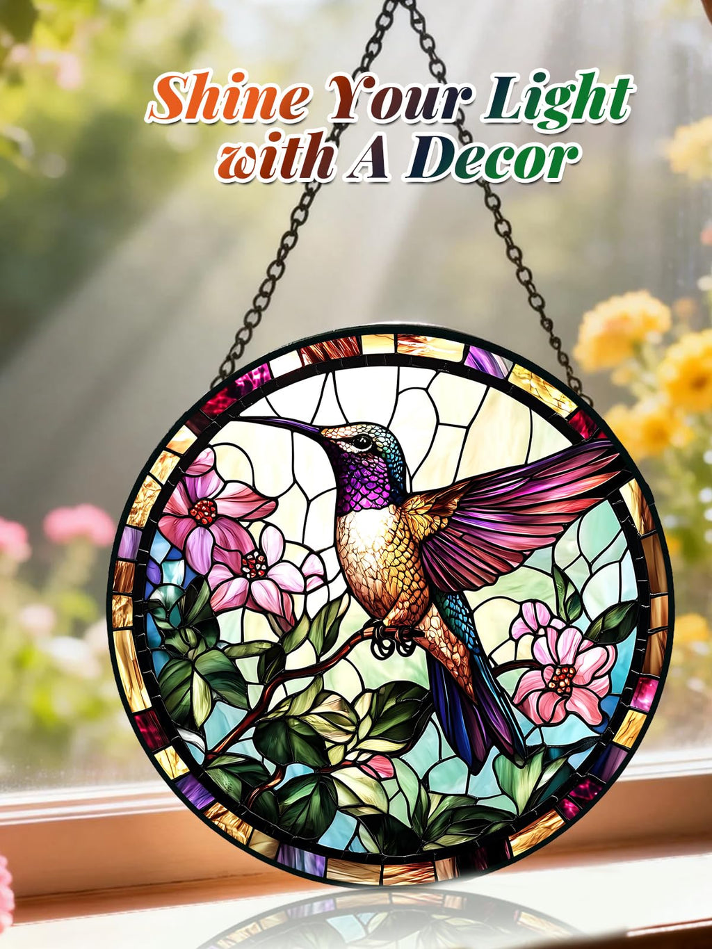Hummingbird Stained Glass Suncatcher Window Hanging Flowers Gifts for Mom