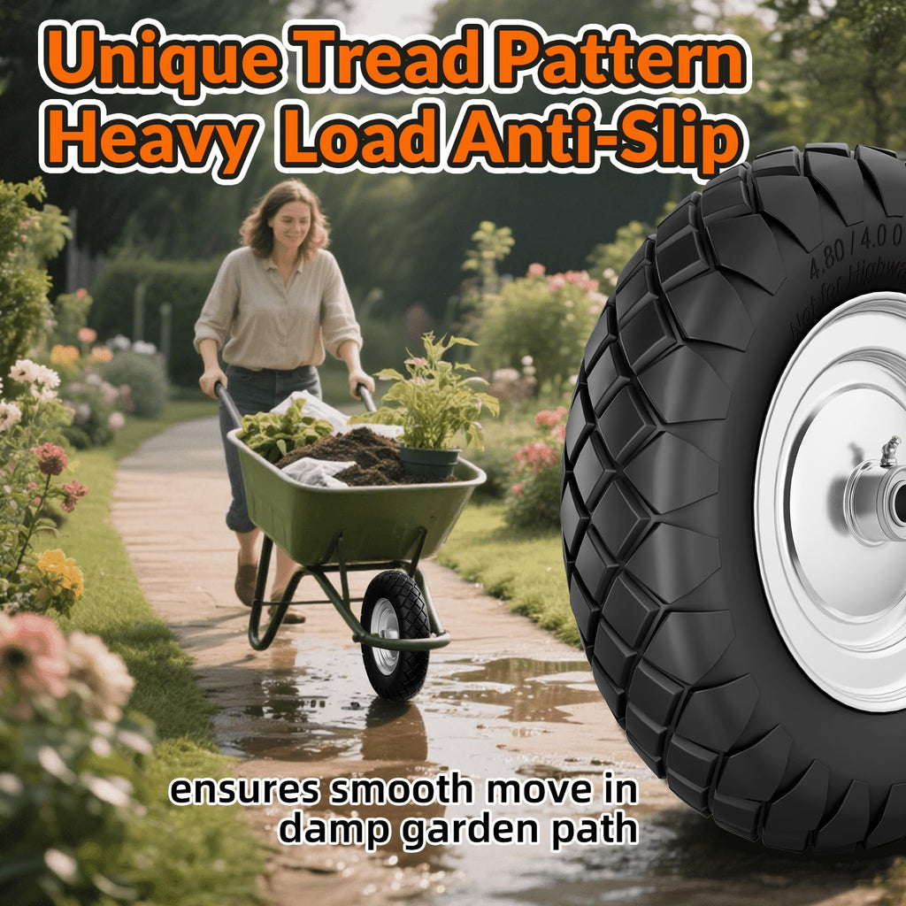 RONPOW 4.80/4.00-8 Flat Free Wheelbarrow Tire and Wheel, 16" Solid Puncture Proof Replacement Tires with 5/8" & 3/4" Bearings, 400Lbs Load, Universal Fit for Garden, Farm & Construction, 1Pack Black