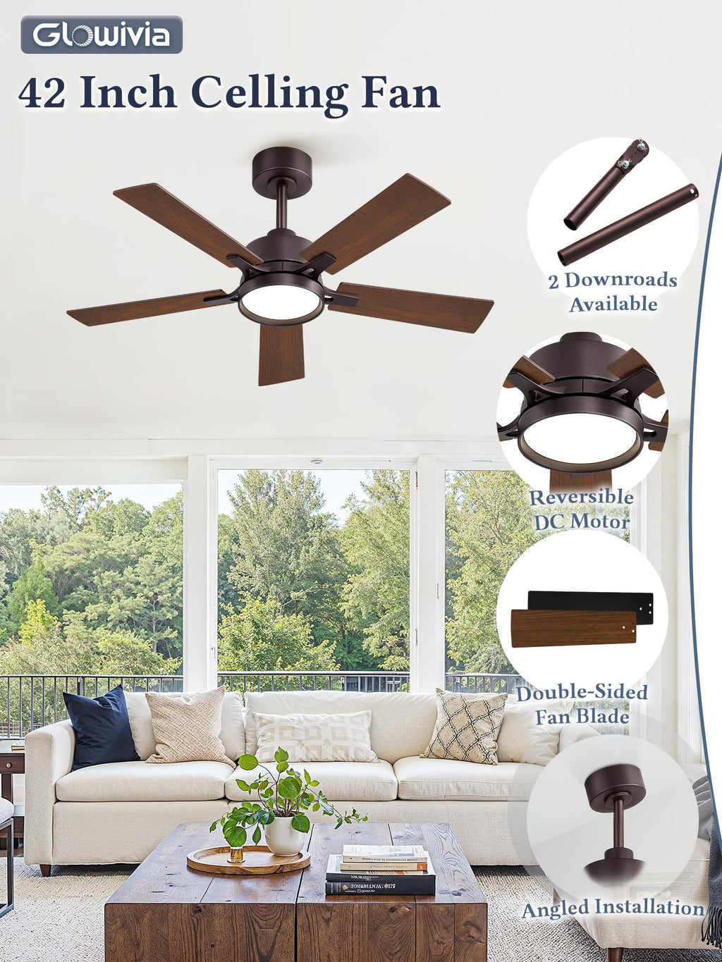 Glowivia 42 Inch Ceiling Fan with Lights and Remote, Smart APP Control, Dimmable with All-Setting Memory, Quiet DC Motor Reversible Blades, Damp Rated Modern Ceiling Fan for Bedroom Patio Living Room