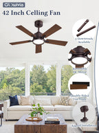 Glowivia 42 Inch Ceiling Fan with Lights and Remote, Smart APP Control, Dimmable with All-Setting Memory, Quiet DC Motor Reversible Blades, Damp Rated Modern Ceiling Fan for Bedroom Patio Living Room