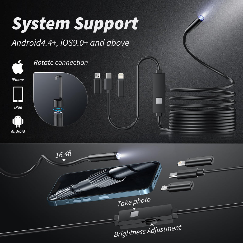 Endoscope Camera with Light, 1920P HD Bore Scope Borescope with 8 Lights, Waterproof 16.4FT Semi-Rigid Cord for Pipe Inspection, Industrial Endoscope for Phones(Black)