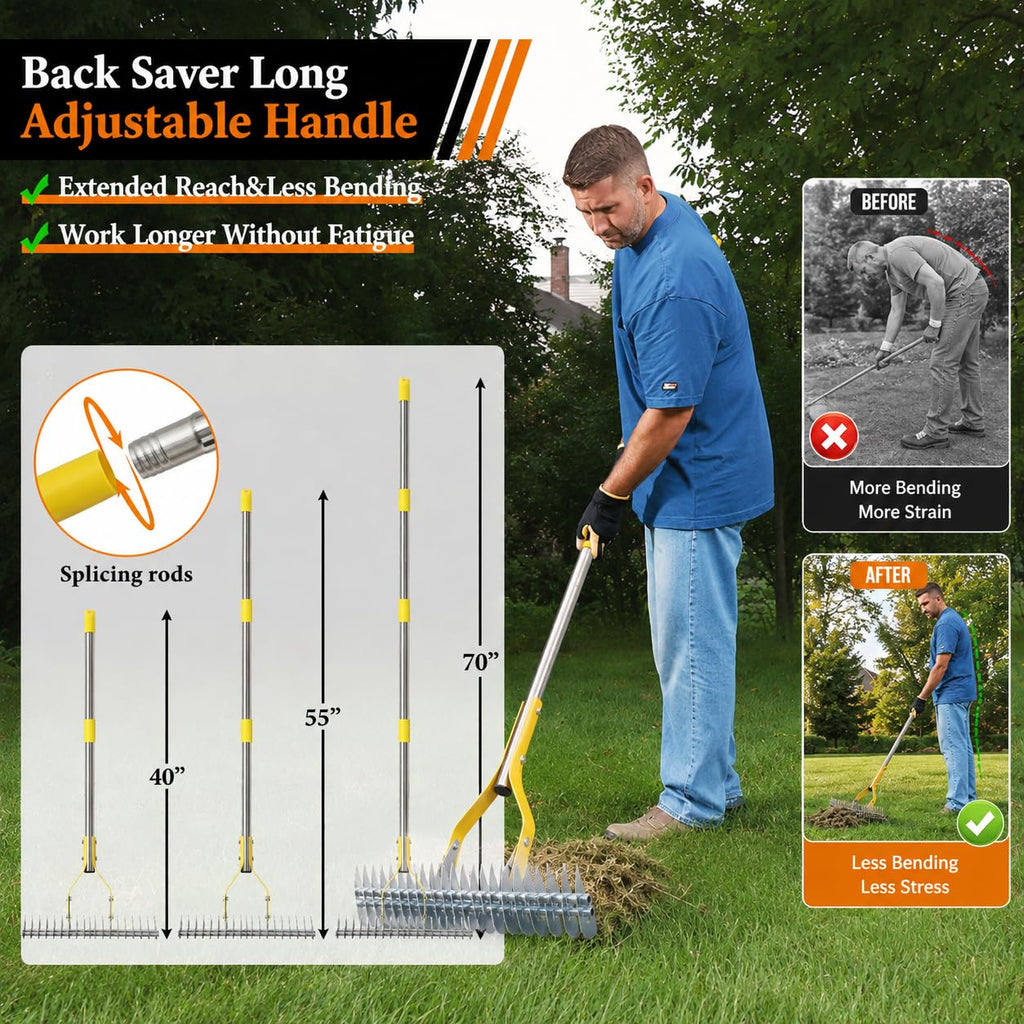 Heavy Duty Thatch Rake for Lawns, 15" Dual-Sided Dethatching Rake with Sharp Steel Tines, Manual Dethatcher and Scarifier Tool for Dead Grass, Moss & Thatch Removal, 70" Adjustable Long Handle