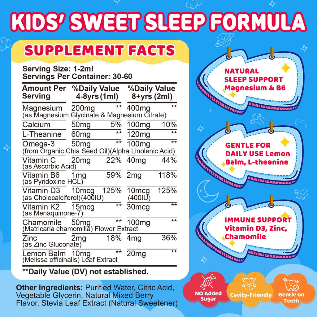 Kids Magnesium Glycinate Liquid Drops‌ – with L-Theanine, Omega-3, Vitamins B6 & D3, Zinc & Calcium – for Sleep Support, Relaxation, Focus & Brain, Bones – Mixed Berry Flavor, 2 Fl Oz