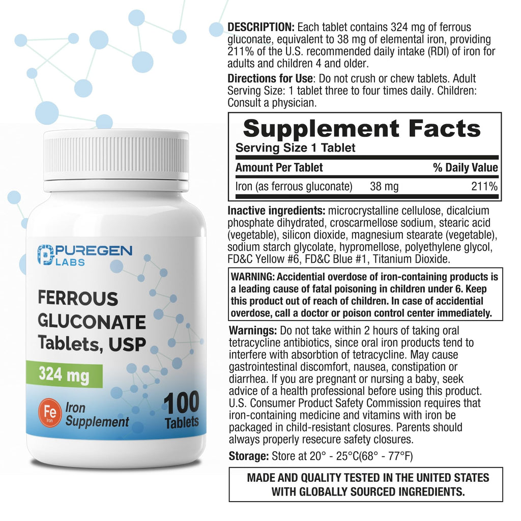Puregen Labs Ferrous Gluconate 324 mg [High Potency] Iron Supplement, Gentle on Stomach | 3 Pack - 300 Tablets Total