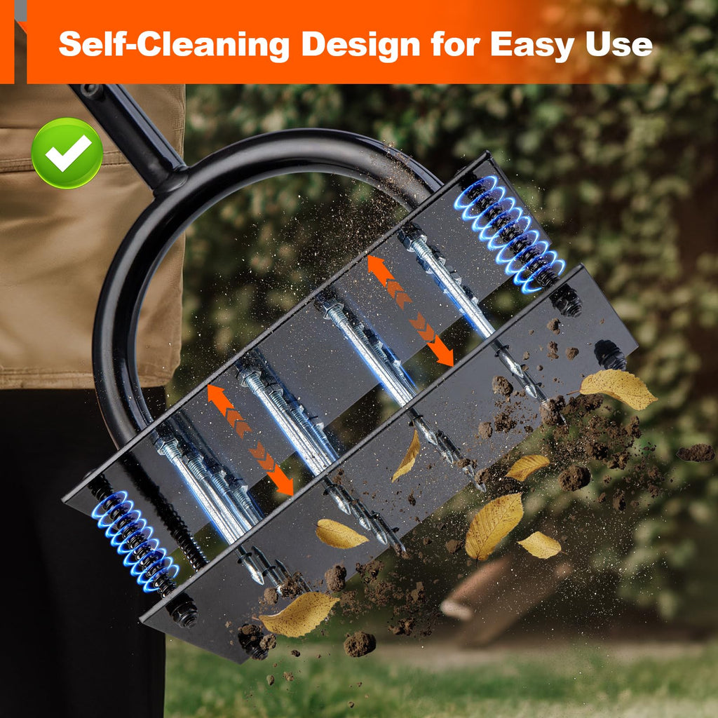 Bluesea Lawn Aerator Tool - 16 Iron Spikes with Ergonomic T-Handle, Automatic Dirt Clean for Soil Loosening & Yard Aeration, Manual Metal Grass Aerator (Orange)
