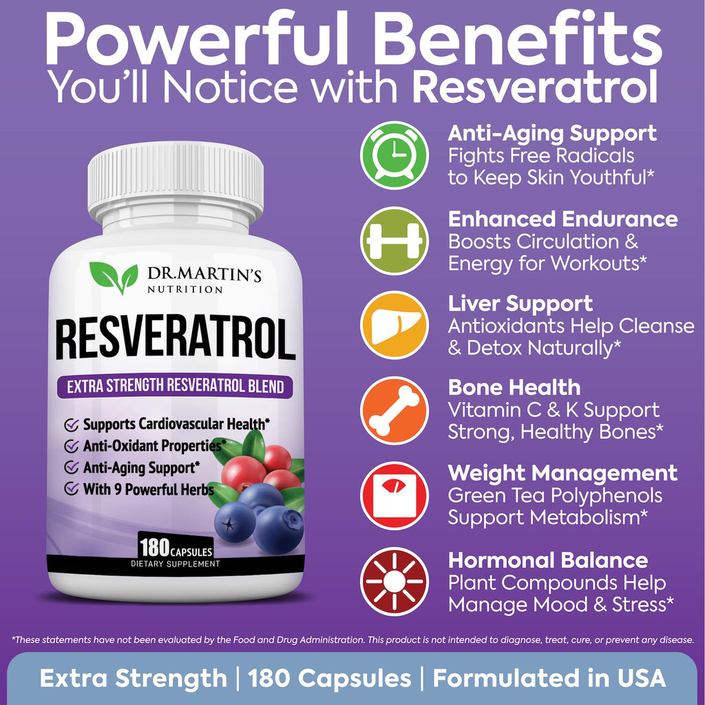 Extra Strength Resveratrol 1568mg - 180 Capsules - 3 Months Supply | Antioxidant Supplement | Natural Trans-Resveratrol Pills | for Anti-Aging, Heart Health, Immune System & Brain Function