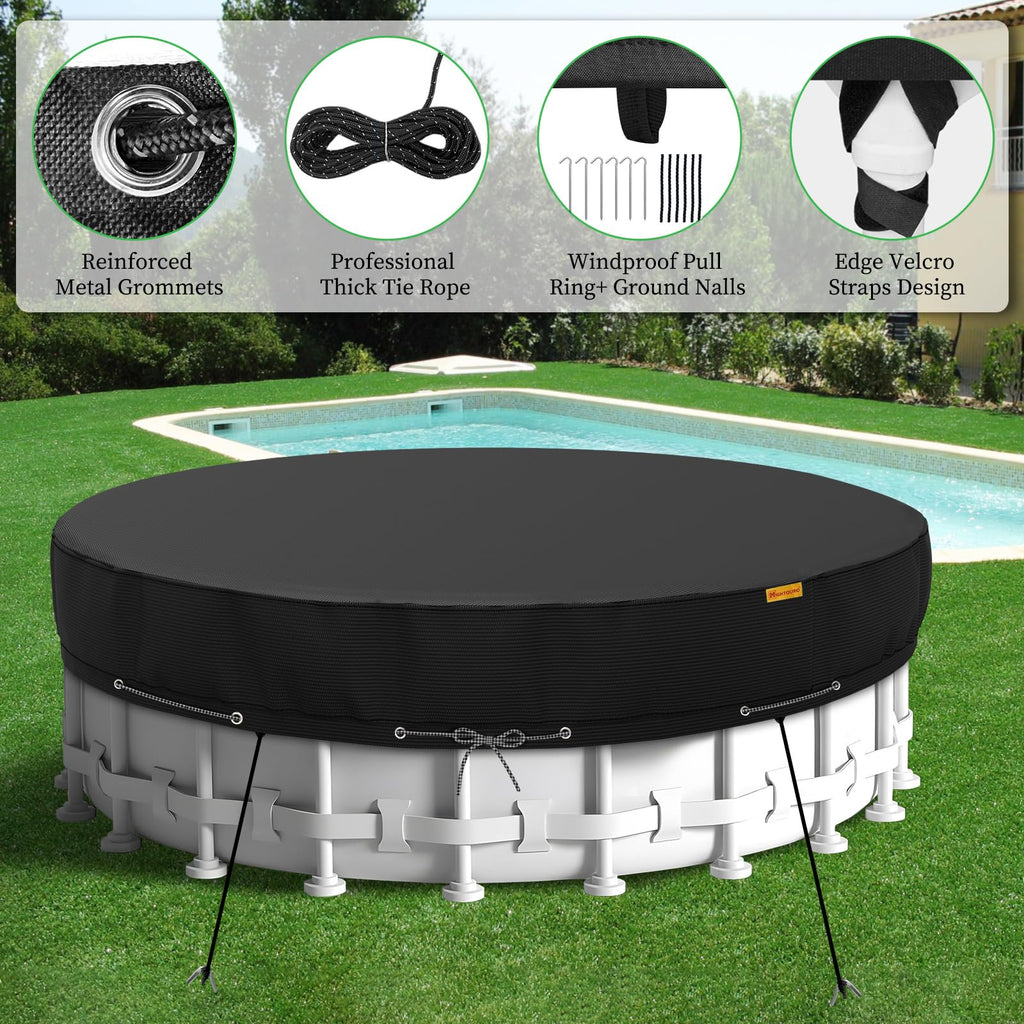 HIGHTQURO 12Ft Round Pool Cover,Heavy Duty Waterproof Round Pool Covers for Above Ground Pools with Ground Nails and Windproof Ropes,Increase Stability&Tear-Resistant, Waterproof and Dustproof, Black