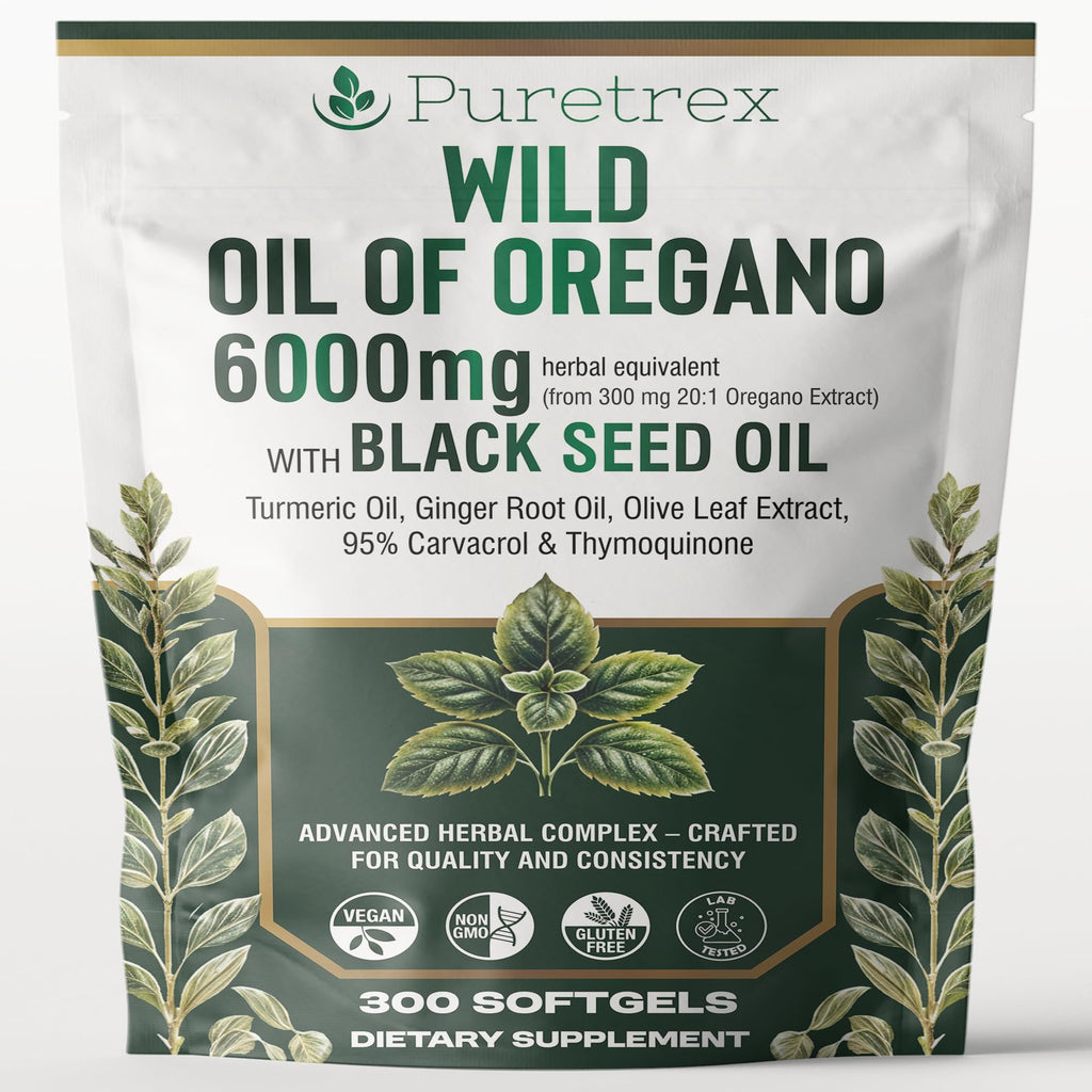 PURETREX Wild Oil of Oregano 6000mg with Black Seed, Turmeric & Ginger – 300 Softgels | 95% Carvacrol & Thymoquinone | Immune, Gut & Respiratory Support | High-Potency Herbal Complex – Vegan & Non-GMO