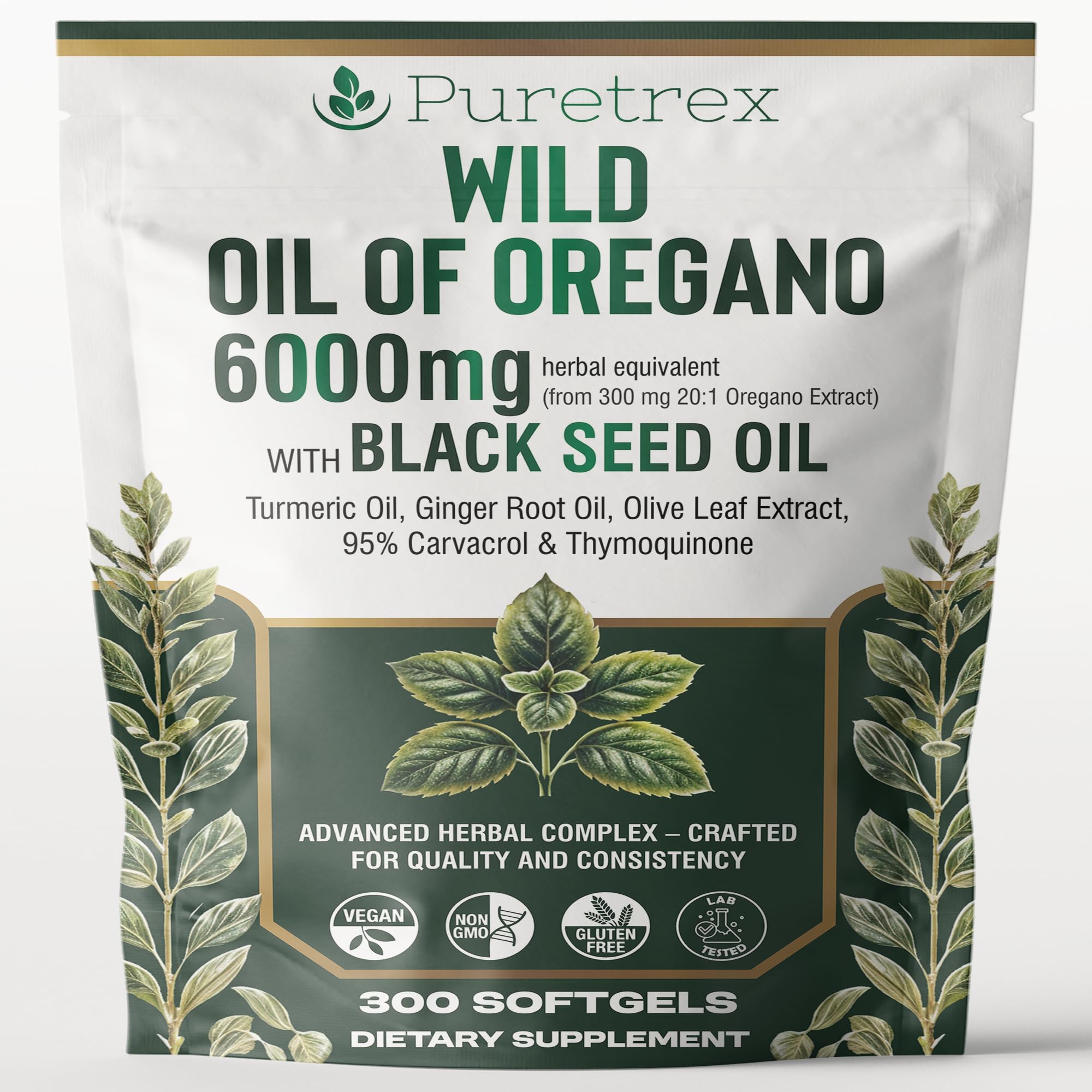 PURETREX Wild Oil of Oregano 6000mg with Black Seed, Turmeric & Ginger – 300 Softgels | 95% Carvacrol & Thymoquinone | Immune, Gut & Respiratory Support | High-Potency Herbal Complex – Vegan & Non-GMO