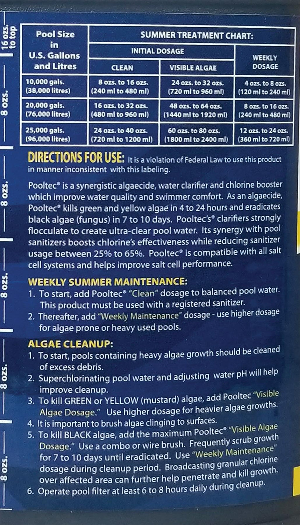 EASYCARE 30128 Pooltec Algaecide, Clarifier and Chlorine Salt Cell Booster, 128 Fl. Oz Bottle