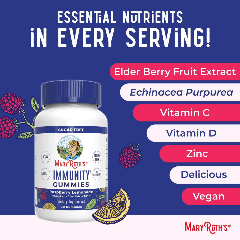 MaryRuth Organics Sugar Free Immunity Gummies | Powerful Blend | Elderberry Vitamin C & Zinc | Vitamin D3 & Echinacea | Immune Support Supplement | Gummies for Kids & Adults | Vegan | Non GMO | 90ct