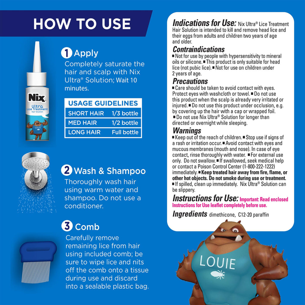 Nix Ultra Lice Treatment Hair Solution & Lice Comb, Kills Superlice & Eggs, 3.4 Fl Oz