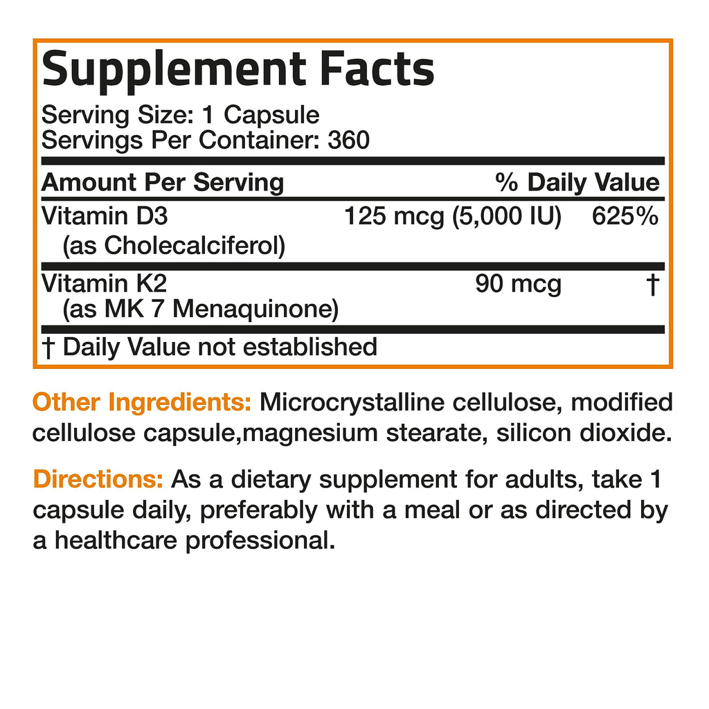 Bronson Vitamin K2 D3 (MK7) Supplement 2-in1 D3 & K2 Complex, 360 Capsules