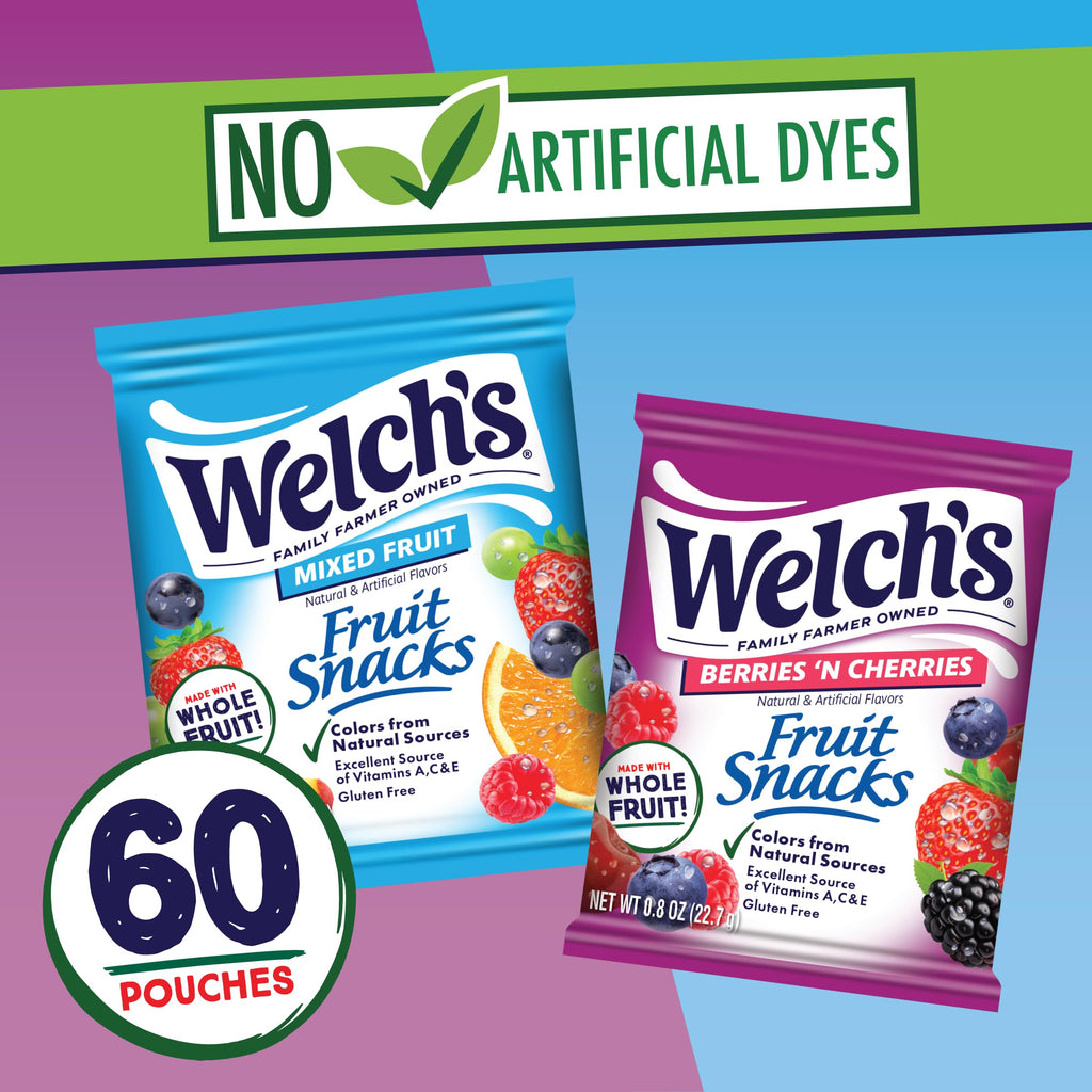 Welch's Fruit Snacks, Mixed Fruit & Berries 'N Cherries, 0.8 oz, 60 Ct
