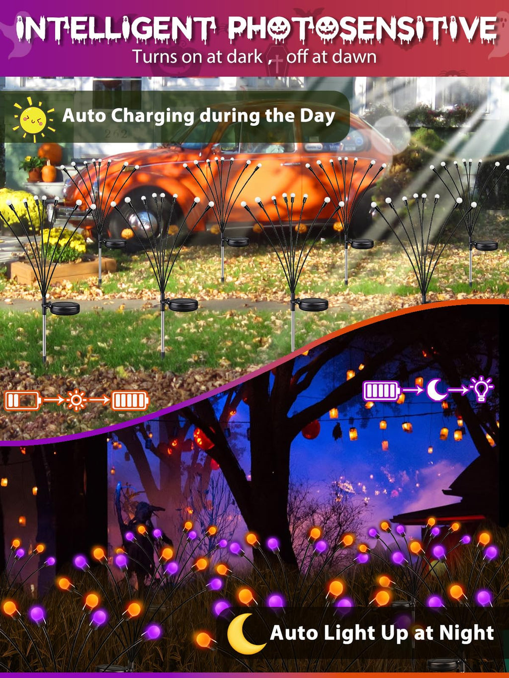 6 Pack Halloween Decorations Outdoor Solar Firefly Lights Orange Purple