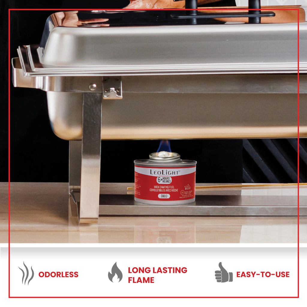 6 Pack Chafing Fuel 6 Hour Burn – Odorless, Smokeless & Spill-Proof Wick, 7oz Food Warmer Fuel for Chafing Dish Buffet Set & Catering Use, LeoLight
