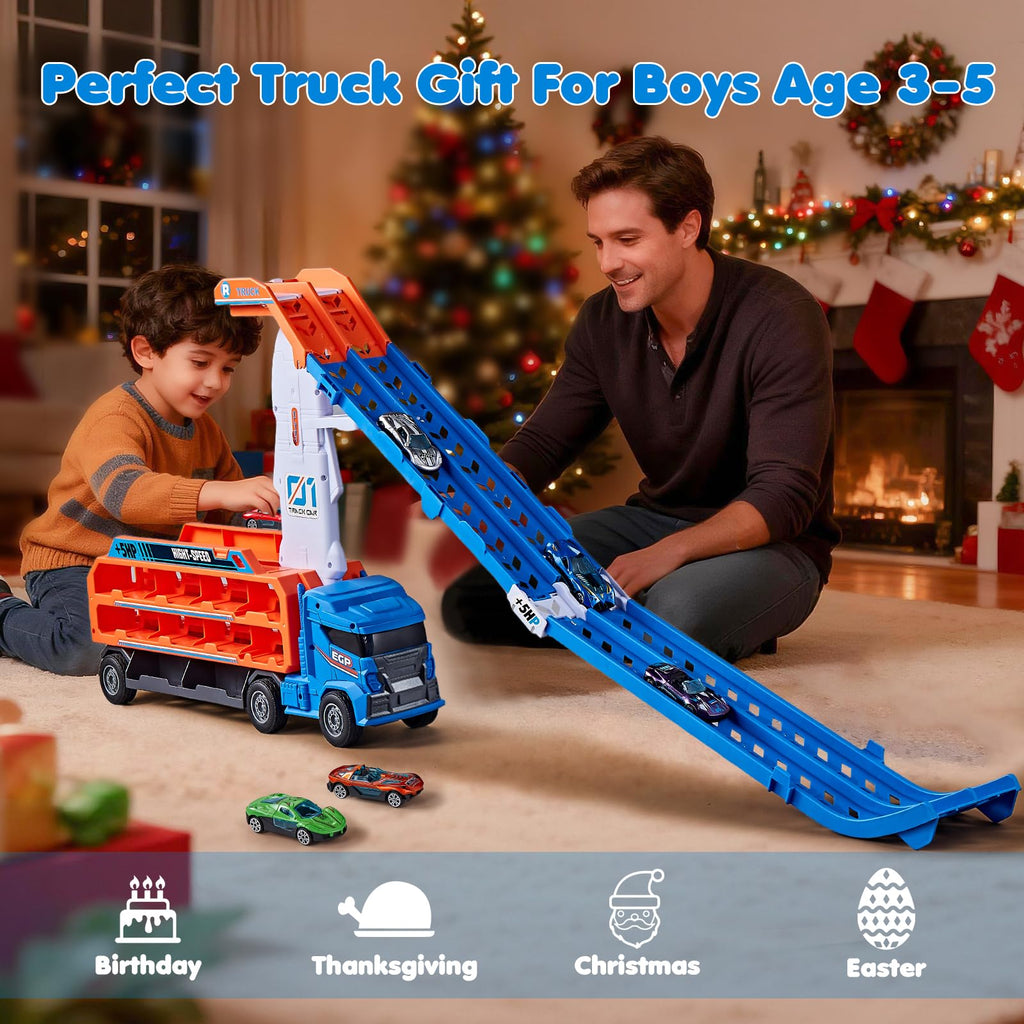 Race Track Truck Toys for 3 4 5 6 Years Old Kids - Carrier Truck Transport Car with 6 Die-Cast Cars Toys, 4-in-1 Truck with 2 Foldable Race Tracks, Christmas Birthday Gifts Toy for Toddler Boys, Blue