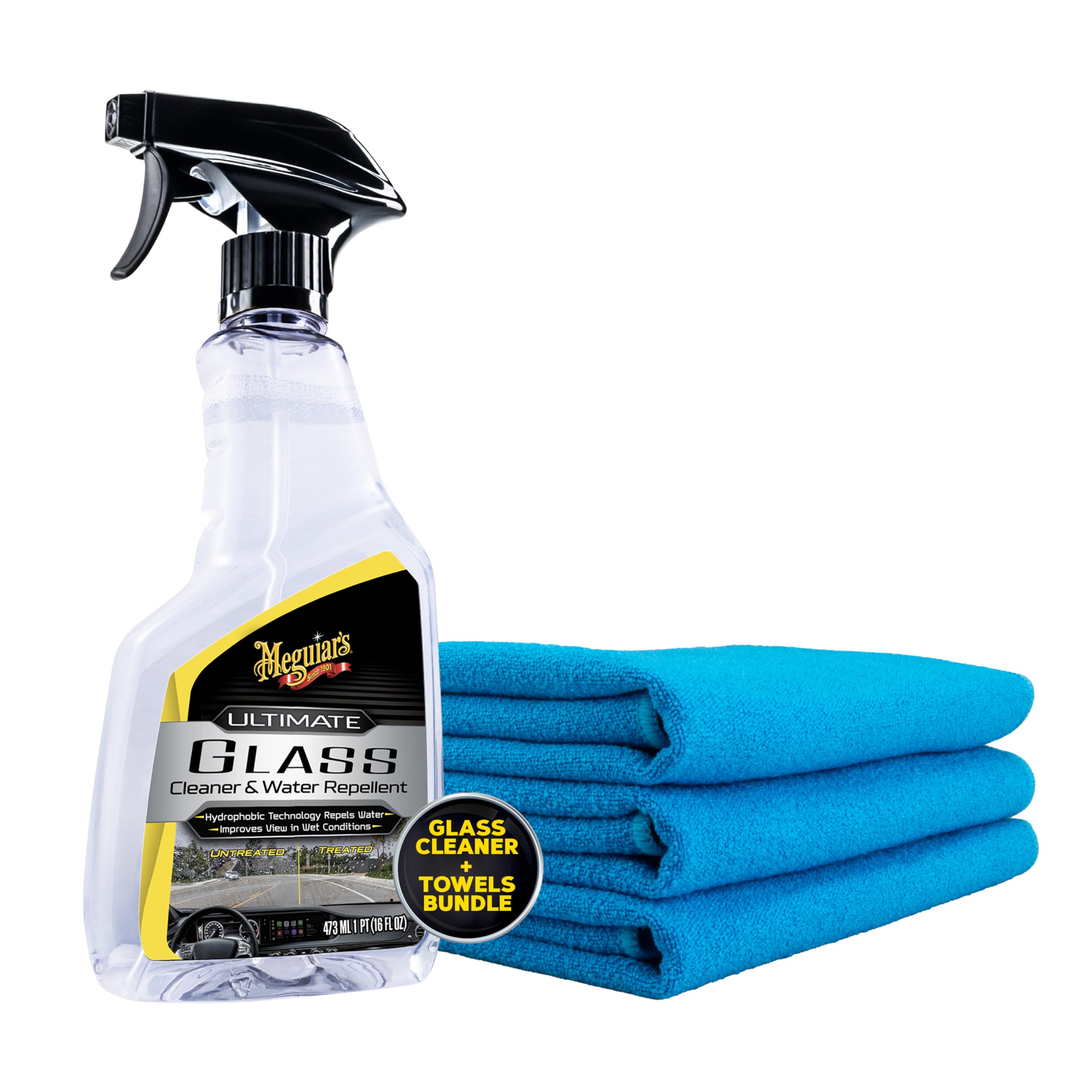 Meguiar's Ultimate Glass Cleaner & Water Repellent and X190300 Perfect Clarity Glass Towels Bundle