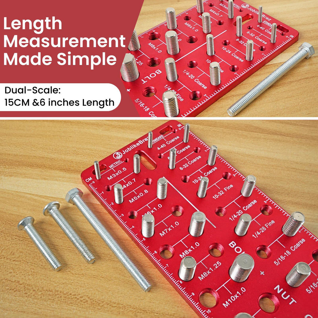 JoblikeBrez Thread Checker, 30 Nut and Bolt Thread Checker, Bolt Size and Thread Gauge 15 Standard & 15 Metric, Bolt Size Finder, Wall-Mountable Bolt Thread Identifier Gauge with Inch & CM Ruler