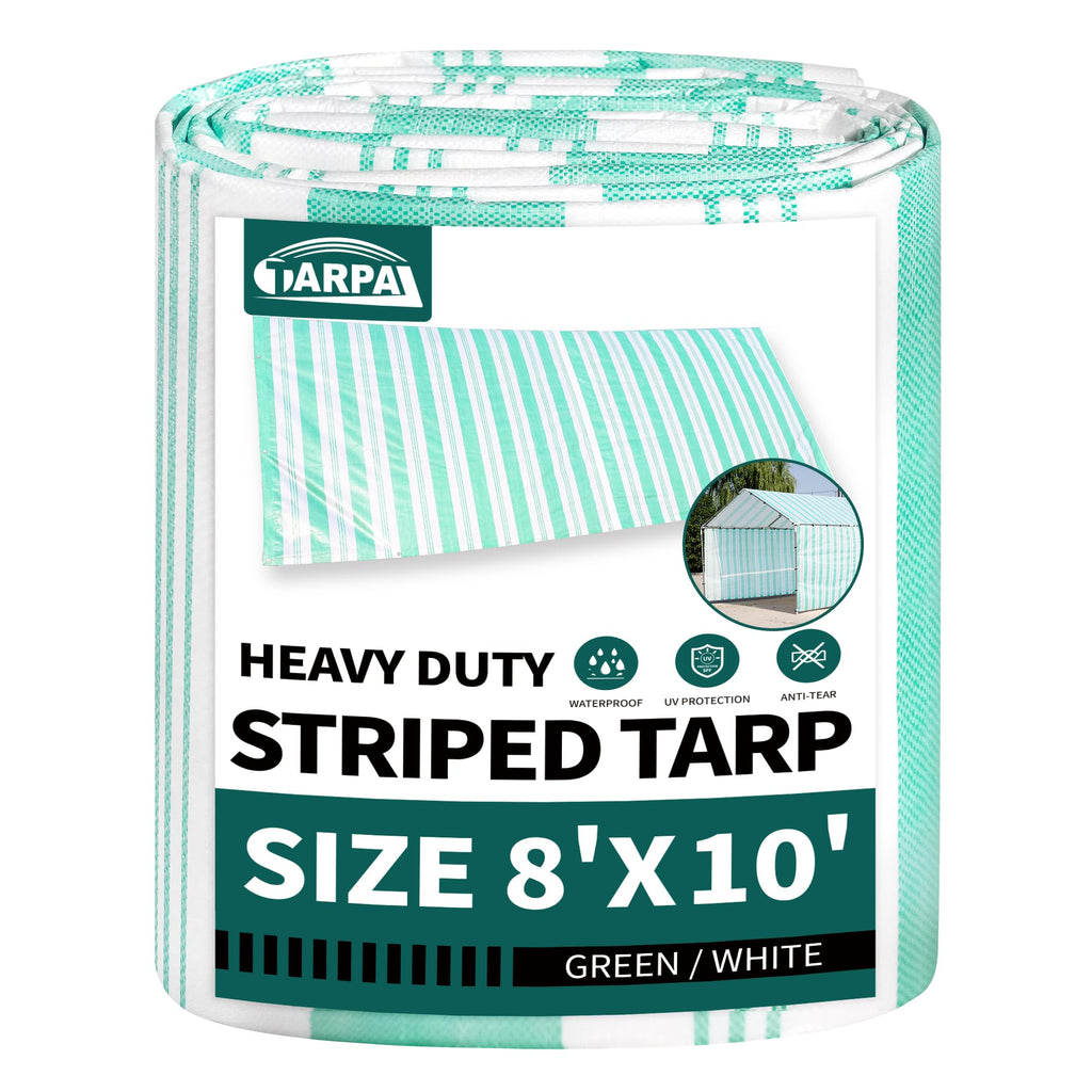 TARPAL Tarps 8x10 Feet Heavy Duty 12mil Tarp Waterproof Striped tarp Multipurpose Protective Cover Weather Proof,UV,Rip and Tear Proof（Green/White）