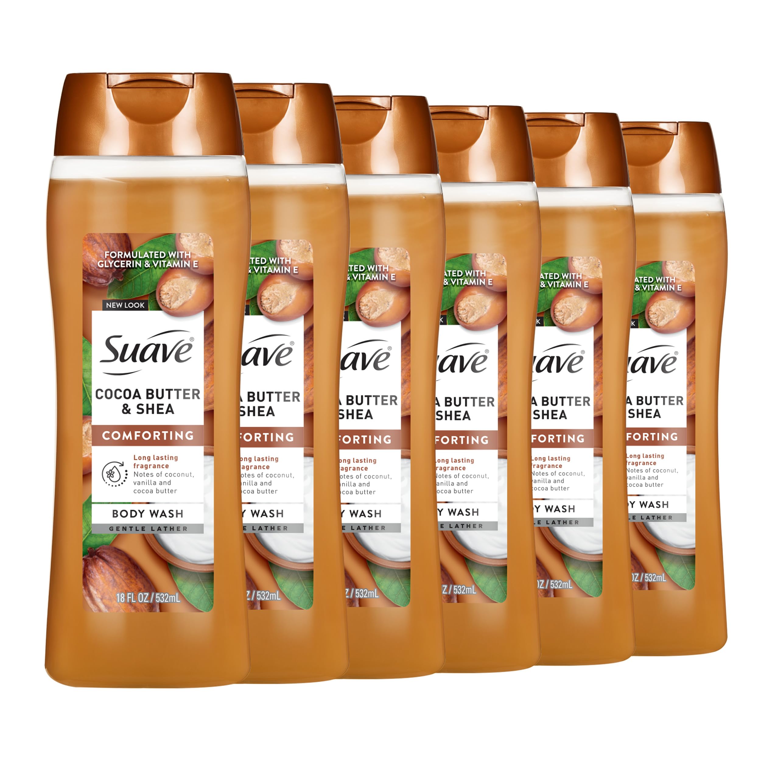 Suave Moisturizing Body Wash, Cocoa Butter and Shea with Vitamin E Extract, No Parabens, No Phtahaltes, 18 Oz Pack of 6