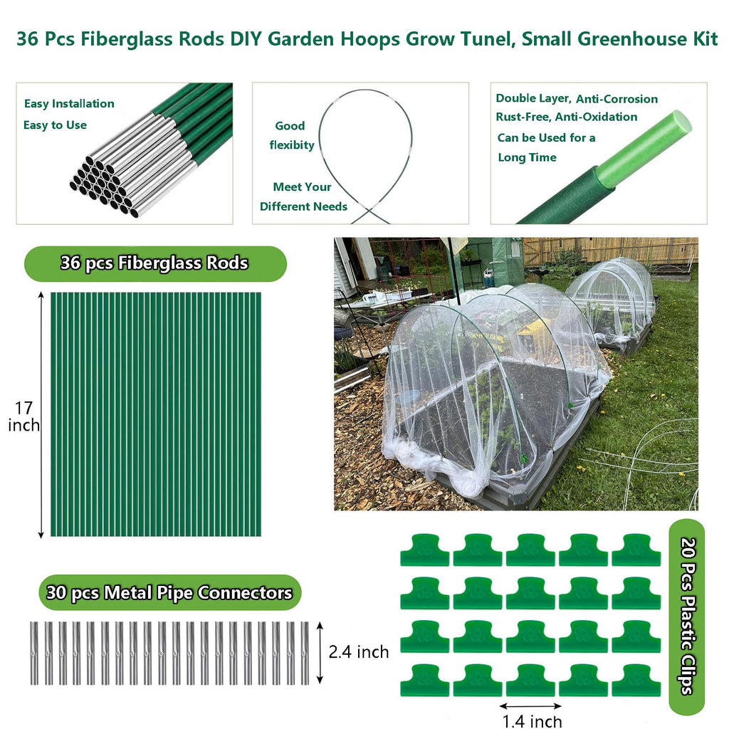 Garden Hoops Grow Tunnel, 6 Sets 8ft Rust-Proof Fiberglass Frame, 36pcs