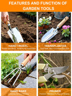 Garden Tools Set – 11-PCs Heavy Duty Gardening Kit, Stainless Steel Tools with Wooden Handles, Canvas Tote Bag, Gloves & Watering Can – Gardening Tools Gift for Women, Beginners, Patio & Backyard Use