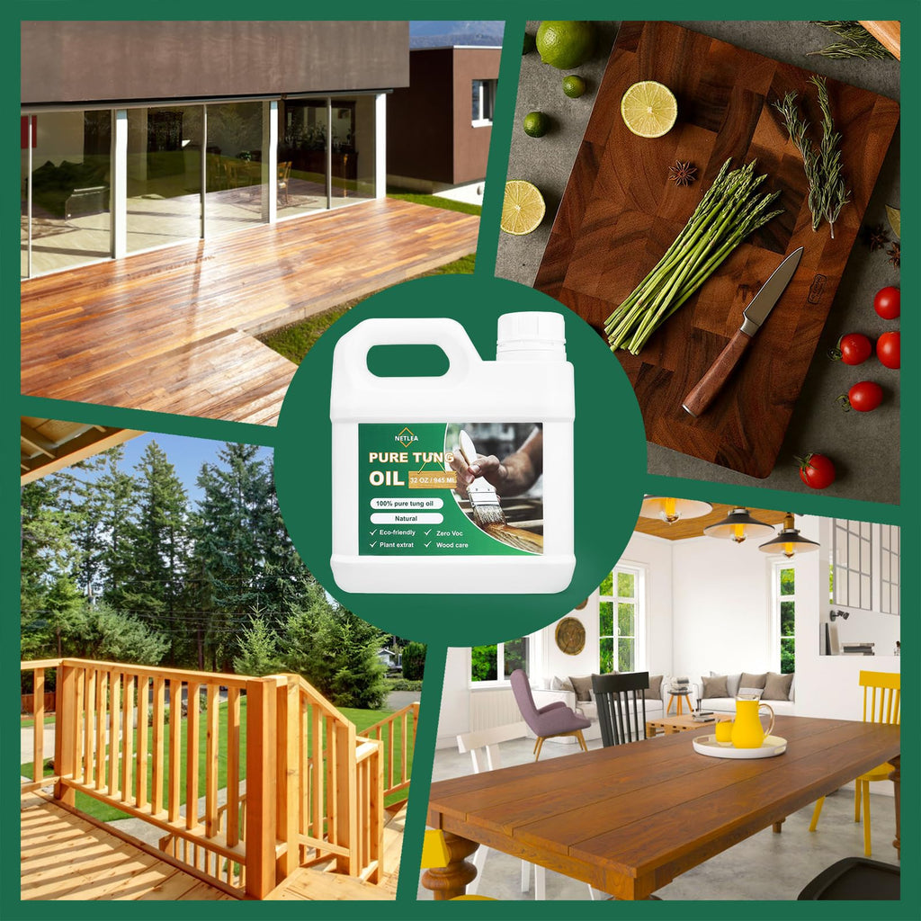 Netlea 32OZ 100% Pure Tung Oil for Wood–Food Safe Wood Oil for Indoor & Outdoor Use, Ideal for Furniture, Floors, Countertops & More – Includes Soft Towel