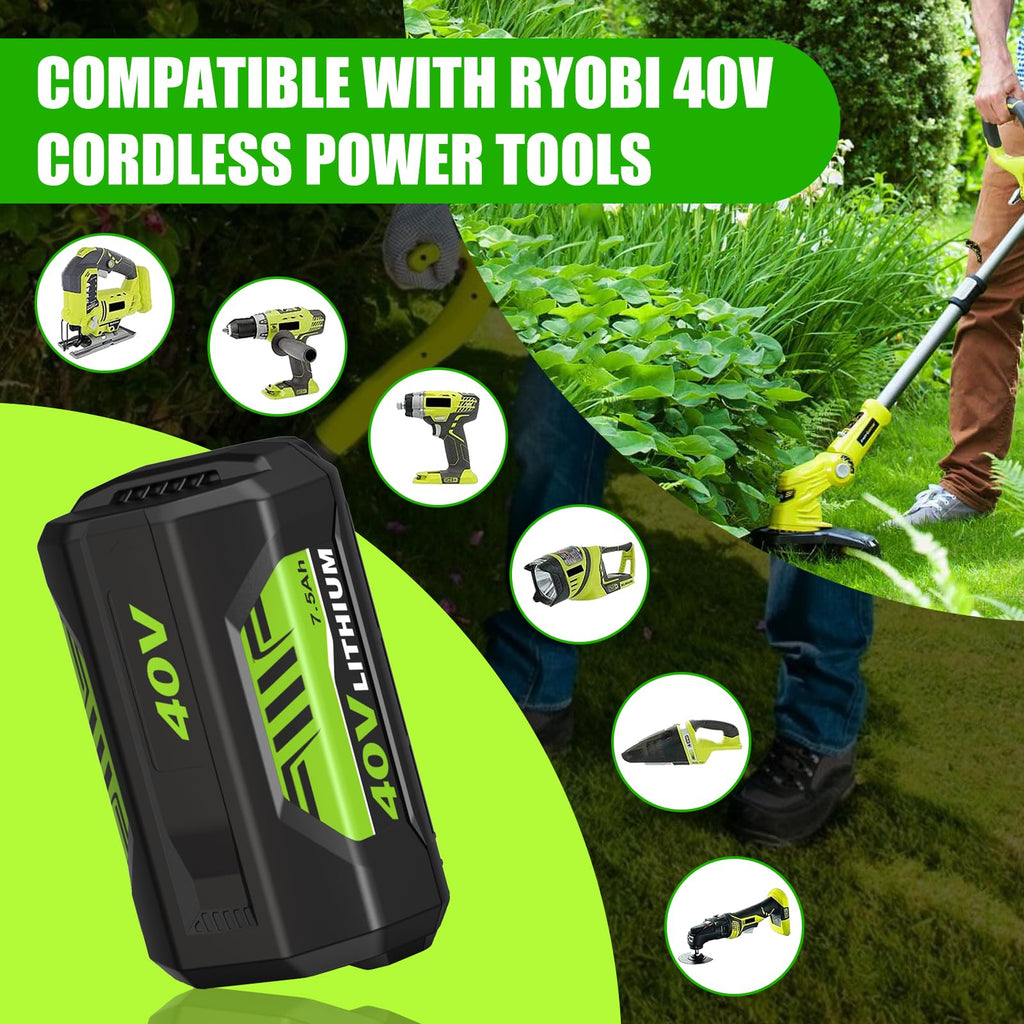 7500mAh 2 Packs OP4075A Battery and OP401 Charger Replacement for Ryobi 40V Battery and Charger Combo Kit Compatible with Ryobi 40 Volt Batteries OP40601 OP40602 OP4050 OP40501 OP4040 OP40404(Green)