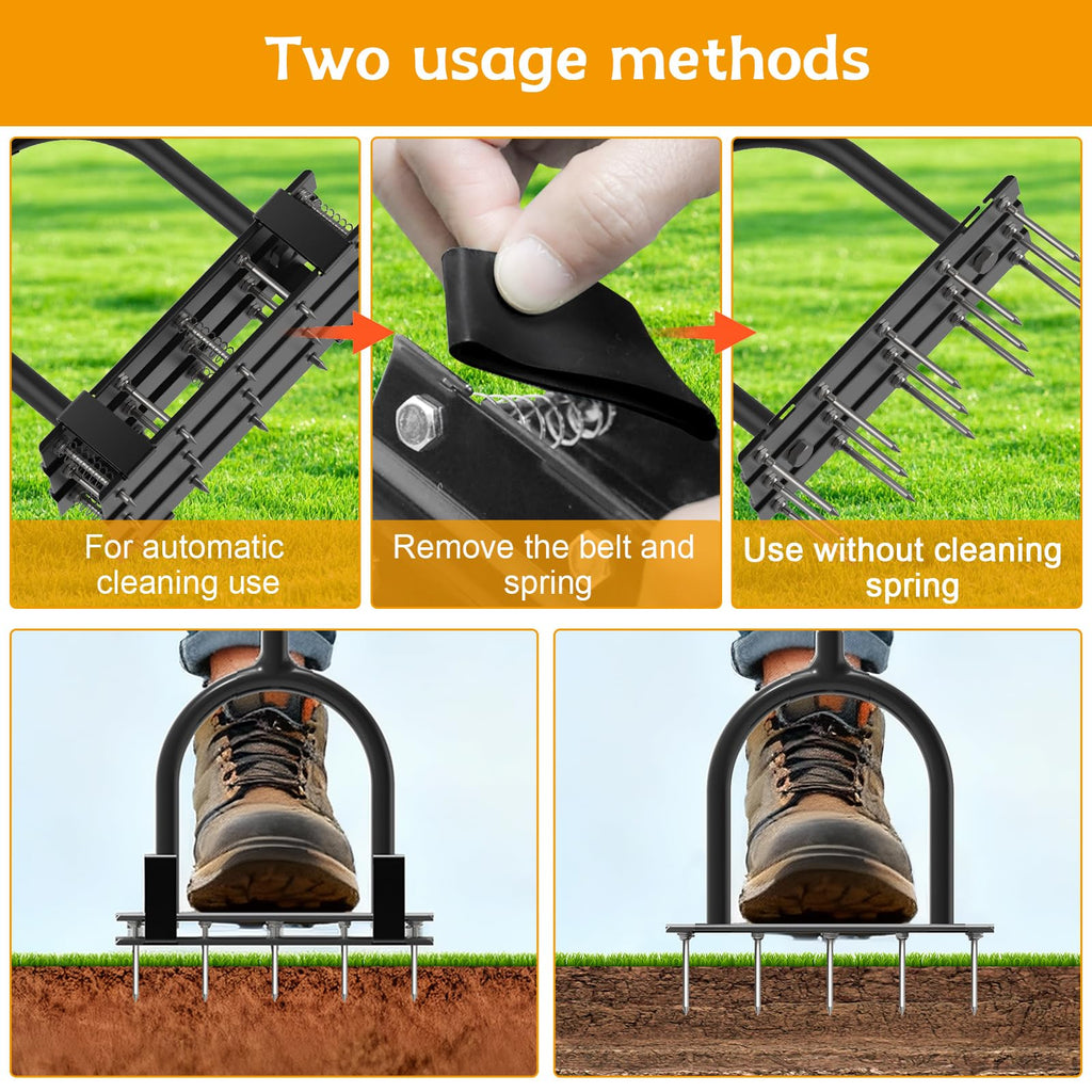 Aerator Lawn Tool - 2-in-1 Reinforced Heavy Duty Manual Lawn Aerator with 15 Spikes, Automatic Dirt and Leaf Clean Design, Adjustable T-Handle (Gloss Black)