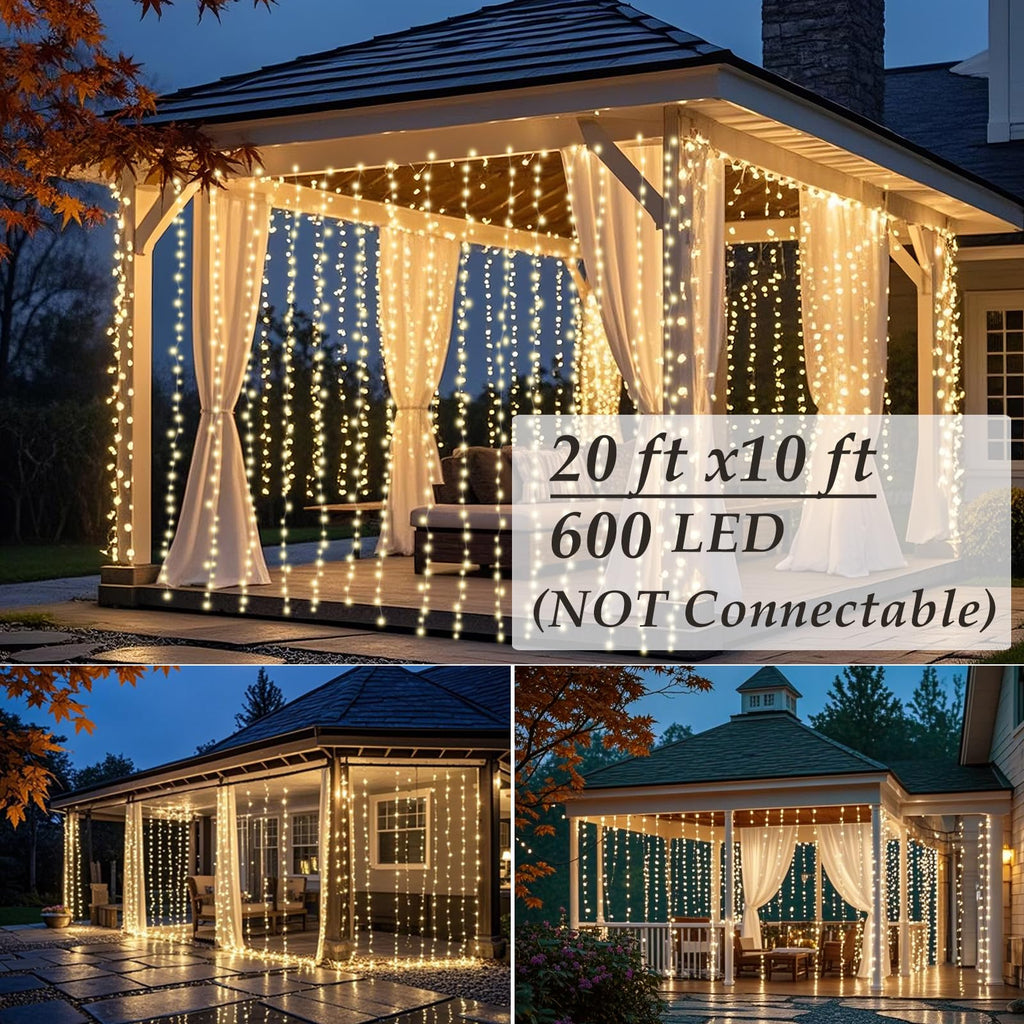 Solhice LED Curtain Lights Outdoor 20ft x10ft, 600 LED Plug in Hanging String Lights Indoor Bedroom, Twinkle Light Backdrop for Outside Wedding Decor, Warm White (Not Connectable)