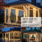 Solhice LED Curtain Lights Outdoor 20ft x10ft, 600 LED Plug in Hanging String Lights Indoor Bedroom, Twinkle Light Backdrop for Outside Wedding Decor, Warm White (Not Connectable)