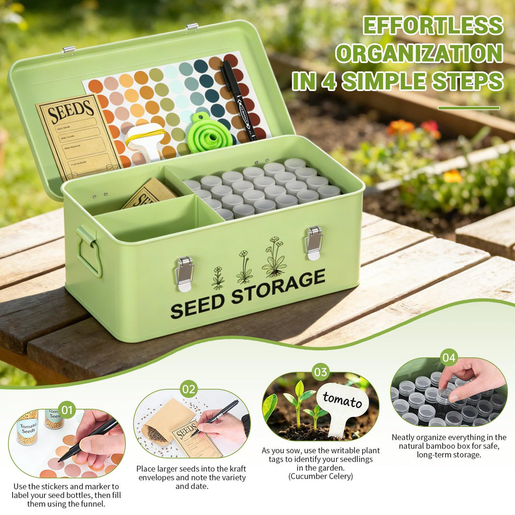 CZMIYRPY 60 Slots Seed Organizer Seed Storage Seed Box 3 Compartments Seeds Organizer Storage Box Metal Garden Seeds Packet Container with Lid and Safety Locks for Flower Plants Garden