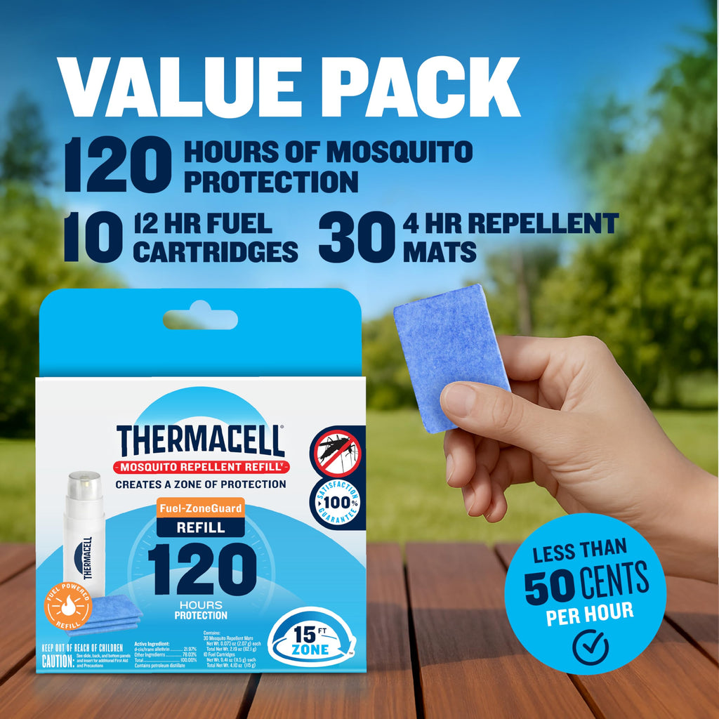 Thermacell Mosquito Repellent Refills; Provide 120 Hours of Protection; Contain 30 Repellent Mats, 10 Fuel Cartridges; Compatible with Any Fuel-Powered Mosquito Repeller Product